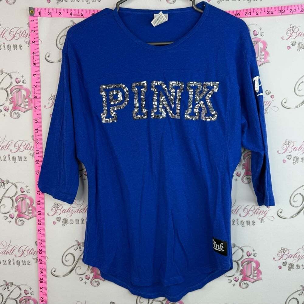 PINK Victoria's Secret sparkly top shirt Royal Blue Sequin Logo Long Sleeve Tee